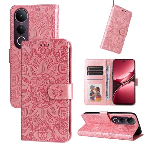 Funda de Piel con Estampado de Girasoles En Relieve para Vivo V50 Lite 4G/5G (Oro Rosa)