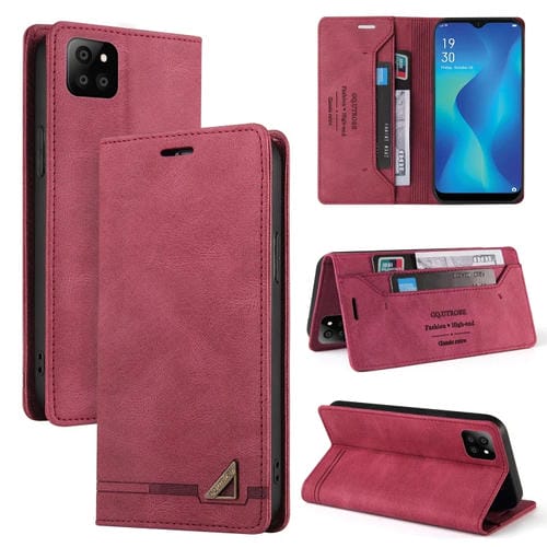 Funda de Cuero para Samsung Galaxy A22 5G Skin Feel con Tapa Horizontal Cepillo Antirrobo Soporte (Rojo Vino)