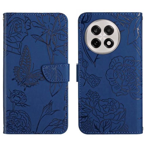 Funda de Cuero para OnePlus 13 con Relieve Peonía y Mariposa (Azul)