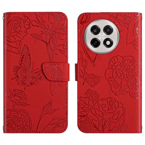 Funda de Cuero con Relieve Peonía y Mariposa para OnePlus 13R (Rojo)