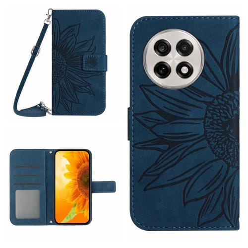 Funda de Cuero con Relieve Girasol para OnePlus 13 (Azul Tinta)
