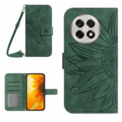 Funda de Cuero con Relieve de Girasol para OnePlus 13 (Verde)