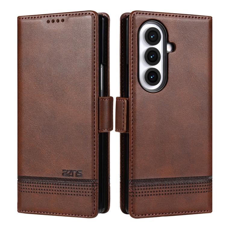 Funda de piel con tapa magnética AZNS para Samsung Galaxy Z Fold7 5G (marrón oscuro)