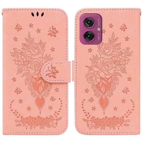 Funda de Cuero Motorola Moto G55 con Relieve Mariposa y Rosa (Rosa)