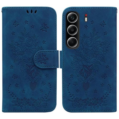 Funda de cuero con relieve de mariposa y rosa para Tecno Camon 40 (azul)