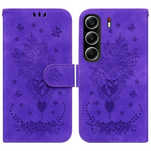 Funda de piel con relieve de mariposa y rosa para Tecno Camon 40 (morado)