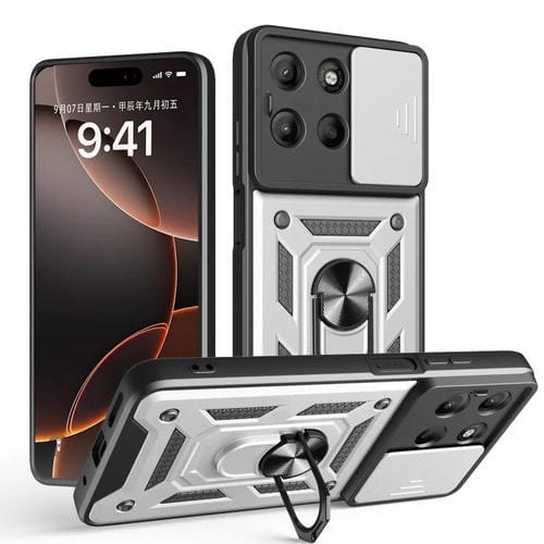 Funda Híbrida TPU y PC con Cubierta Deslizante para Cámara Motorola Moto G15 (Plateada)