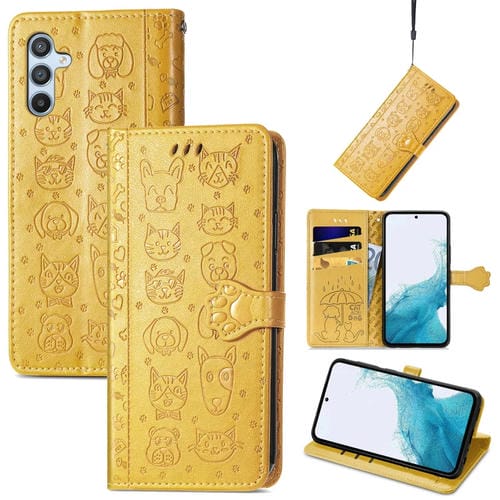 Para Samsung Galaxy A54 5G Cat and Dog Estuche de teléfono de cuero en relieve (Amarillo)