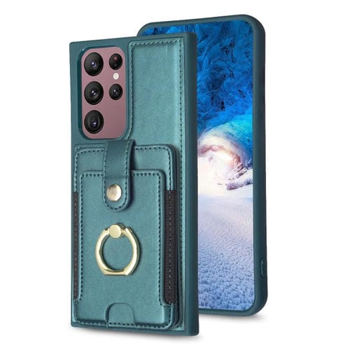 Para Samsung Galaxy S22 Ultra 5G BF27 Anillo de metal Tarjeta Bolsa Titular Caja del teléfono (Verde)