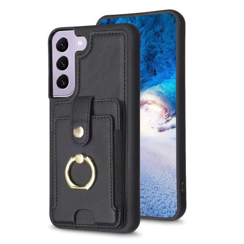 Para Samsung Galaxy S21 FE 5G BF27 Anillo de metal Tarjeta Bolsa Titular Caja del teléfono (Negro)