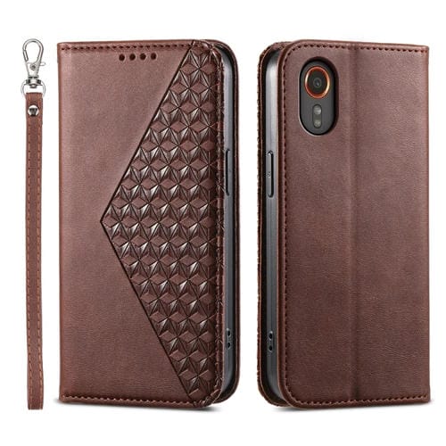 Funda para Teléfono Samsung Galaxy Xcover 7 Cuero Magnético Textura de Becerro Rejilla Cúbica (Marrón)