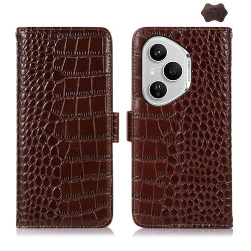 Funda de piel de vacuno con capa superior de cocodrilo para Honor 400 Pro Global (160,8 mm) (marrón)
