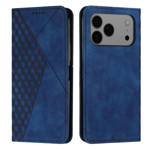 Funda de cuero magnética con textura de diamante para iPhone 17 Pro Max (azul)