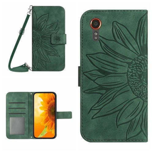 Funda de Cuero Samsung Galaxy Xcover 7 5G Skin Feel Sun Flower con Tapa en Relieve y Cordón (Verde)