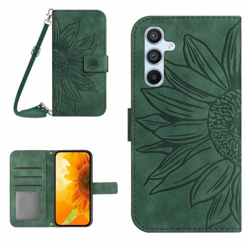 Funda de Cuero para Samsung Galaxy M15 5G Skin Feel Sun Flower con Tapa En Relieve y Cordón (Verde)