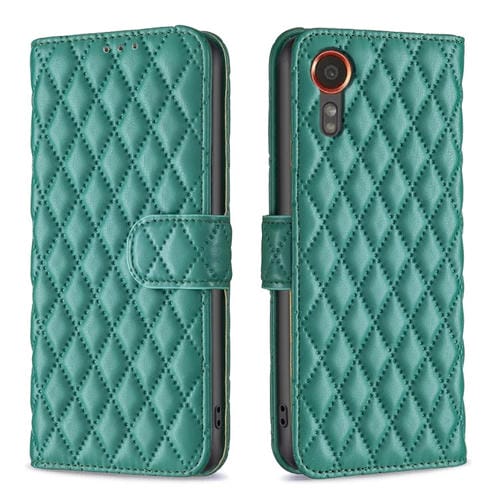 Funda de Cuero Samsung Galaxy Xcover 7 Diamond Lattice Wallet con Tapa (Verde)