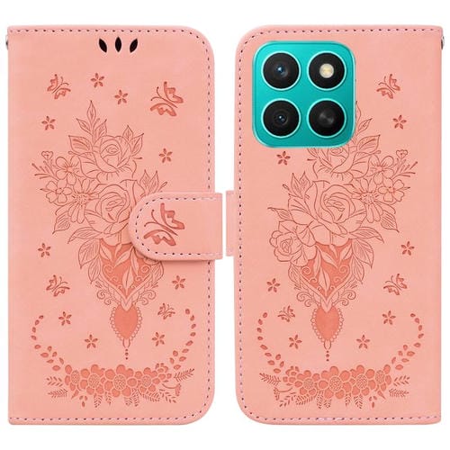 Funda de Cuero con Relieve Mariposa y Rosa para Honor X8C 4G (Rosa)