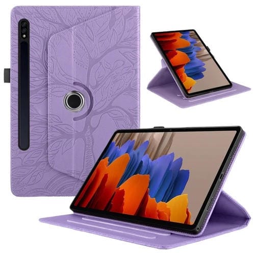 Funda de Cuero para Tablet Samsung Galaxy Tab S9/S9 FE con Rotación En Relieve Tree Life (Morado)