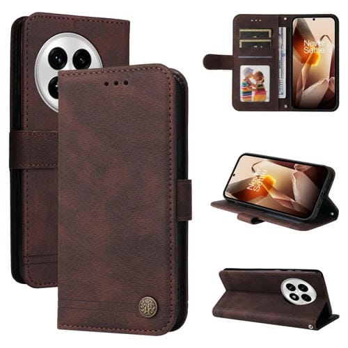 Funda de Cuero para OnePlus 13 con Botones de Metal y Diseño Árbol de la Vida (Marrón)