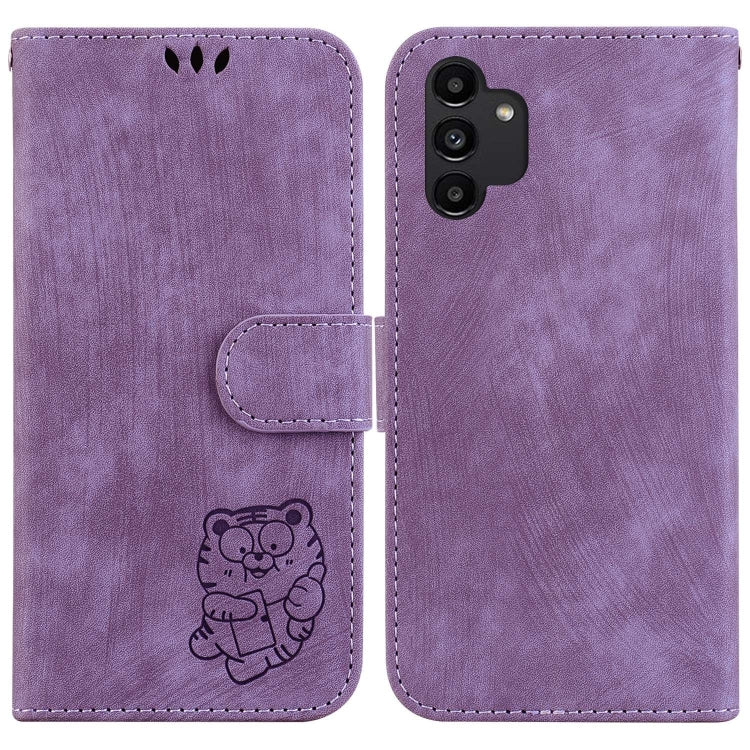 Para Samsung Galaxy A13 4G Funda de cuero con relieve Little Tiger (púrpura)