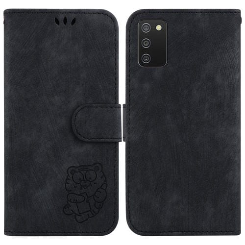 Para Samsung Galaxy A03s EU 166,5 mm Funda para teléfono de cuero con relieve Little Tiger (negro)