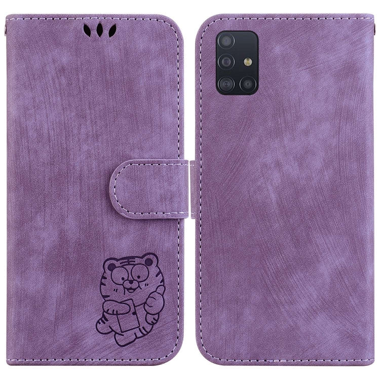 Para Samsung Galaxy A51 Funda de cuero con relieve Little Tiger (púrpura)