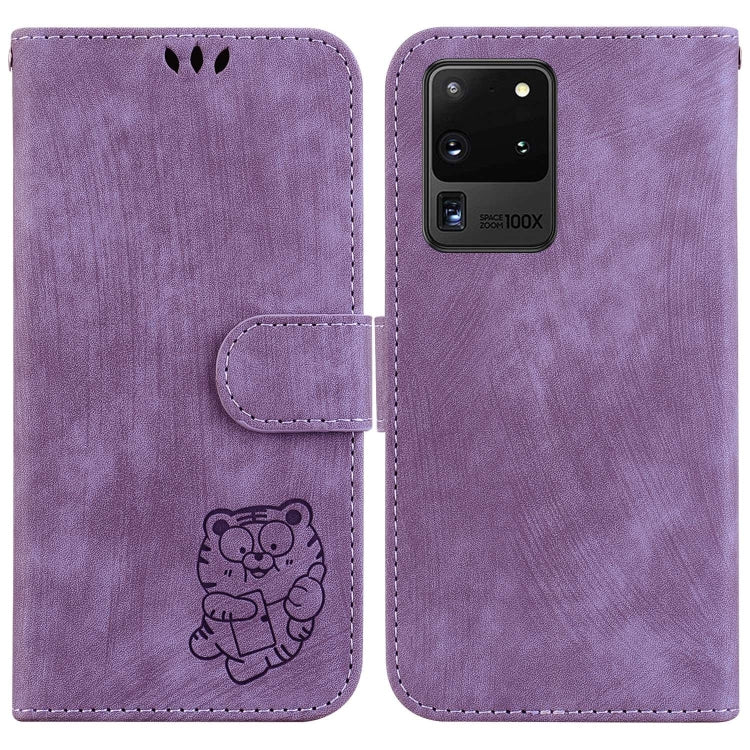 Para Samsung Galaxy S20 Ultra Little Tiger Funda de cuero en relieve para teléfono (púrpura)