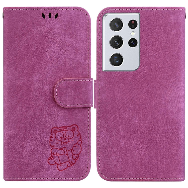 Para Samsung Galaxy S21 Ultra 5G Funda de cuero con relieve Little Tiger (rojo rosa)