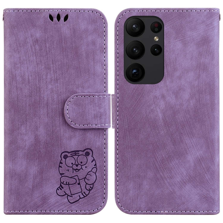 Para Samsung Galaxy S23 Ultra 5G Funda para teléfono de cuero con relieve Little Tiger (púrpura)