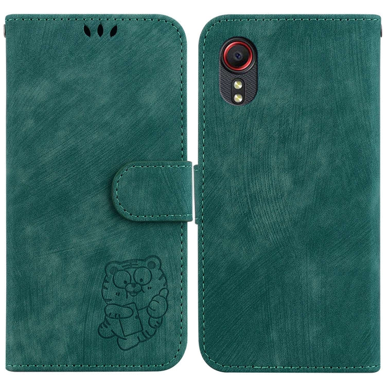 Para Samsung Galaxy Xcover 5 Funda para teléfono de cuero con relieve Little Tiger (verde)