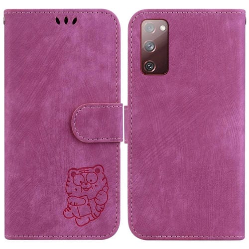 Para Samsung Galaxy S20 FE 5G Funda para teléfono de cuero con relieve Little Tiger (rojo rosa)