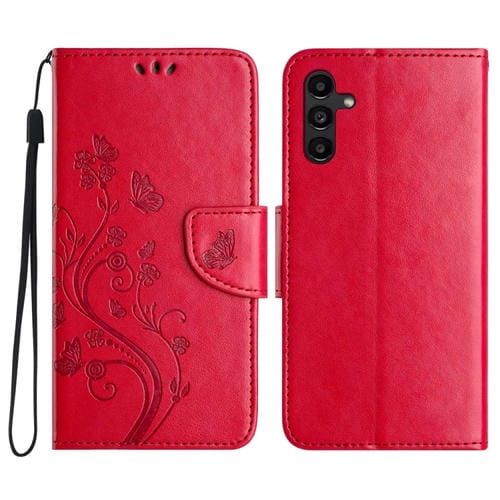 Funda de Teléfono Samsung Galaxy A05S Cuero con Tapa y Patrón de Flores de Mariposa (Rojo)