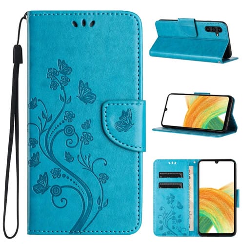 Funda de Cuero para Samsung Galaxy A35 con Tapa y Patrón de Flores de Mariposa (Azul)