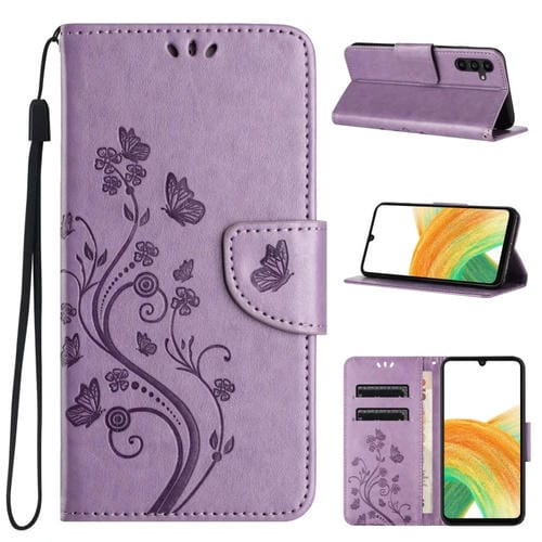 Funda de Cuero para Samsung Galaxy A55 con Tapa y Patrón de Flores de Mariposa (Púrpura Claro)