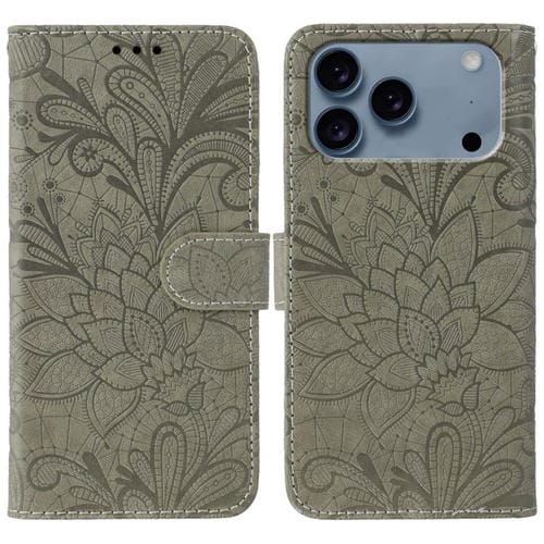 Funda de cuero con tapa y estampado floral de encaje para iPhone 17 Pro (gris)