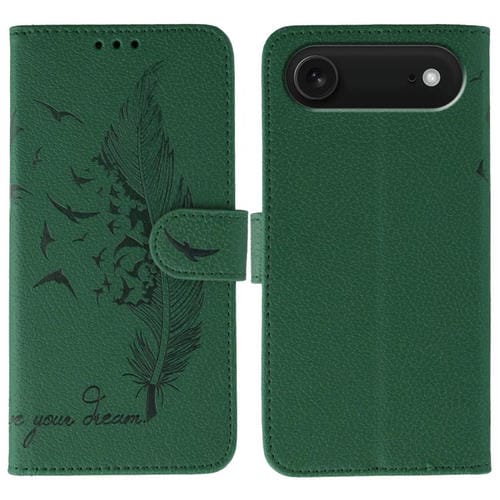 Funda de cuero con textura de lichi y diseño de plumas para iPhone 17 (verde)