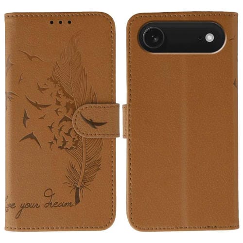 Funda de cuero con textura de lichi y diseño de plumas para iPhone 17 (marrón)