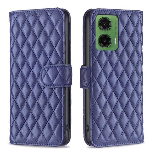 Funda de Cuero Tipo Billetera para Motorola Moto G35 con Tapa y Diseño de Celosía (Azul)