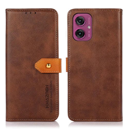 Funda de Cuero con Tapa y Textura de Piel de Vaca para Motorola Moto G55 5G Khazneh (Marrón)