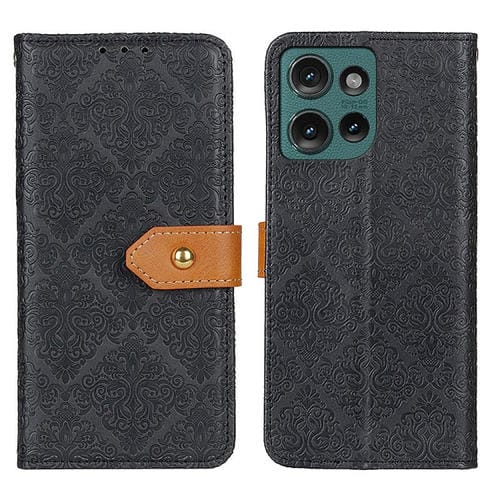 Funda de Cuero con Tapa y Diseño Floral Europeo para Motorola Edge 50 (Negra)