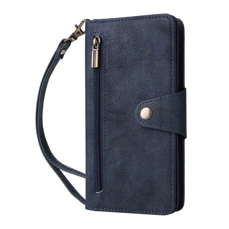 Funda de Cuero con Tres Pliegues y Hebilla de Remache para iPhone 16 Plus (Azul)