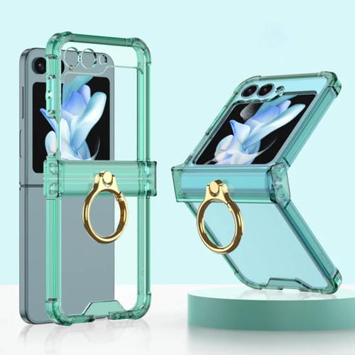 Funda de Silicona Samsung Galaxy Z Flip5 Gkk Airbag Hinge con Soporte para Anillo (Verde Transparente)