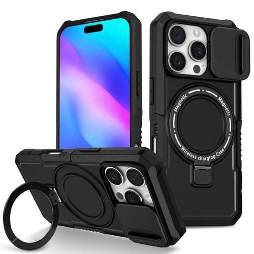Funda híbrida TPU y PC con soporte Magsafe y protección deslizante para iPhone 16 Pro (Negra)