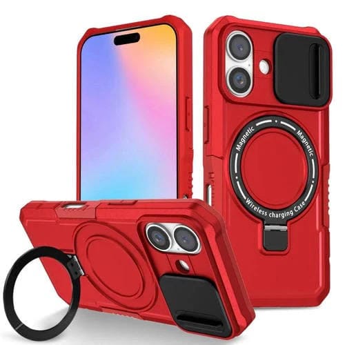 Funda híbrida TPU PC con Soporte Magsafe y Protección deslizante para iPhone 16 Plus (Rojo)