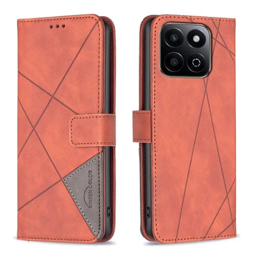 Funda de Cuero para Honor 200 Smart/X7C con Textura de Rombos y Hebilla Magnética (Marrón)