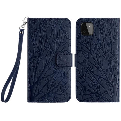 Funda para Teléfono Samsung Galaxy A22 5G Cuero con Patrón En Relieve Tree Birds (Azul)