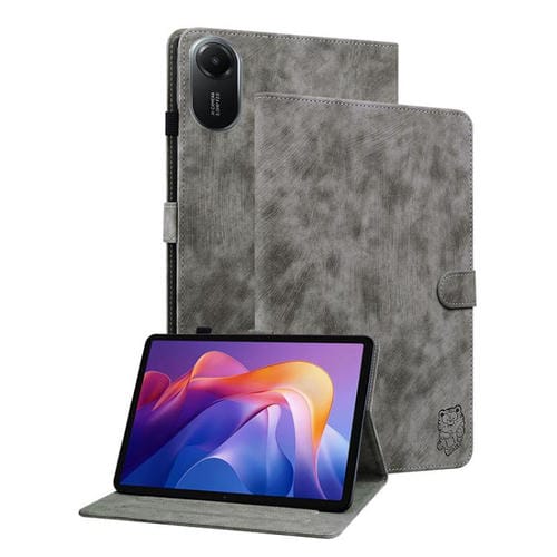 Funda de cuero con tapa y estampado de tigre para Redmi Pad 2 / Redmi Pad SE 11 2025 (gris)