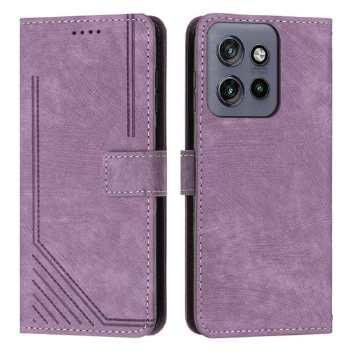 Funda de Cuero con Diseño de Rayas y Tacto de Piel para Motorola Edge 50 Neo con Cordón (Morado)
