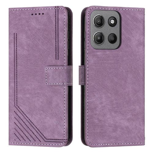 Funda de Cuero con Diseño de Rayas y Tacto de Piel para Motorola Moto G15 con Cordón (Morado)