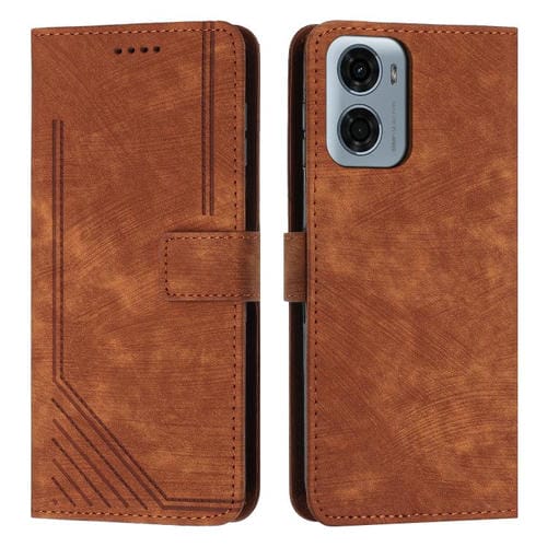 Funda de Cuero Motorola Moto G05 con Diseño de Rayas y Tacto Suave (Marrón)